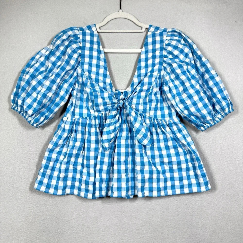 Lilly Pulitzer Top Womens 8 Sarafina Gingham Blouse Babydoll Puff Sleeve Preppy